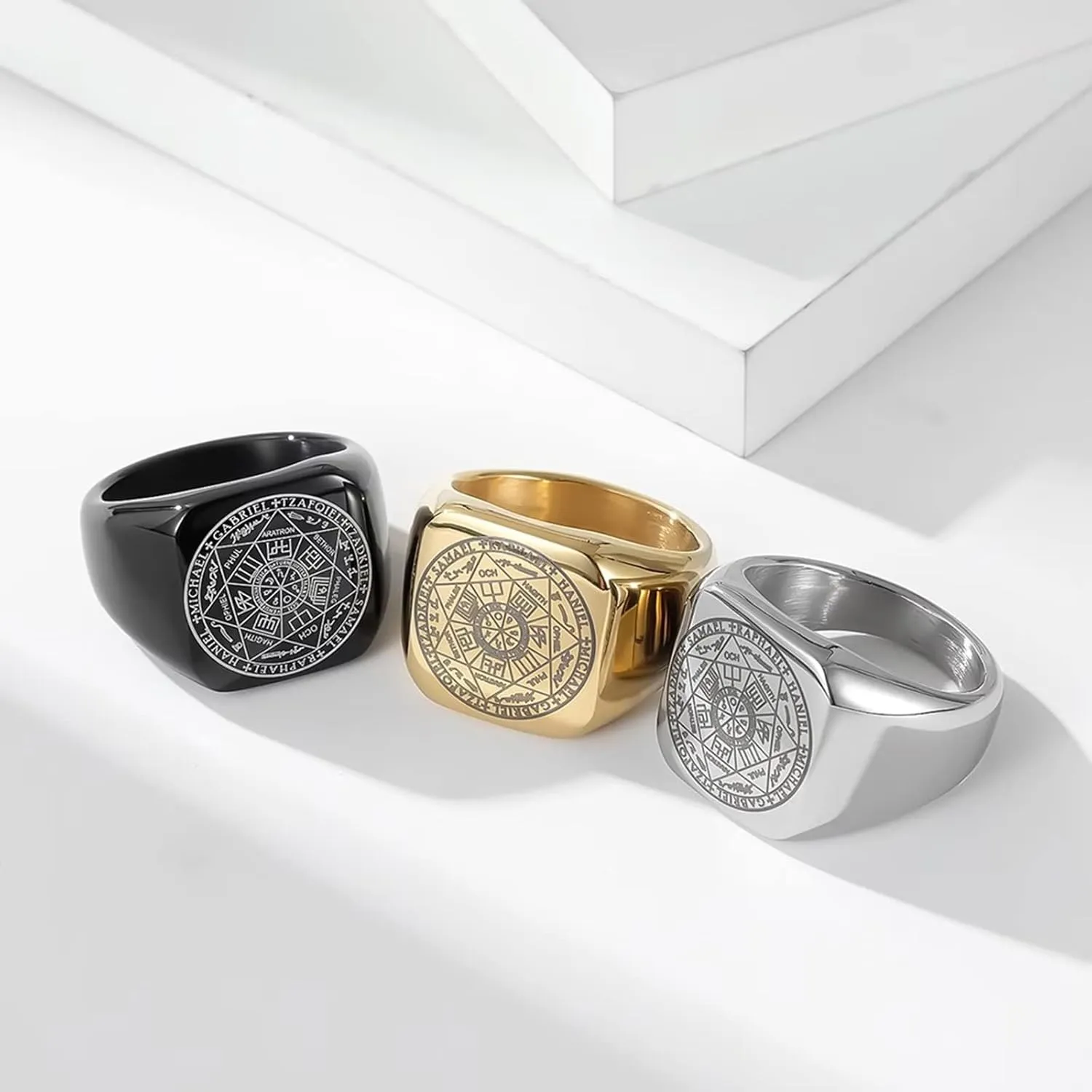 Men's Seals of The Seven Archangels Rings Solomon Kabbalah Ring Stainless Steel Hexagram Triangle Star of David Protection Amulet Ring for Boy Teens Women