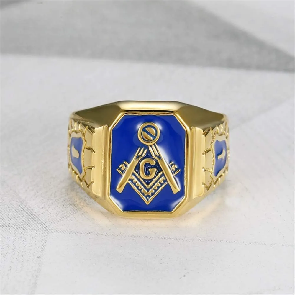 Men's Stainless Steel Gold Plated Freemason Symbol Masonic Rings Blue G Lodge Master Mason Signet Biker Band