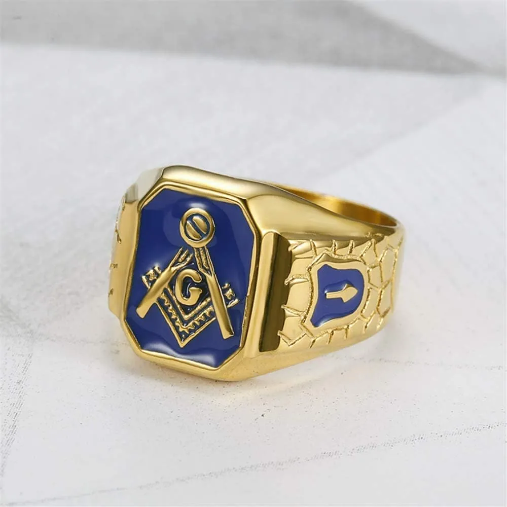 Men's Stainless Steel Gold Plated Freemason Symbol Masonic Rings Blue G Lodge Master Mason Signet Biker Band