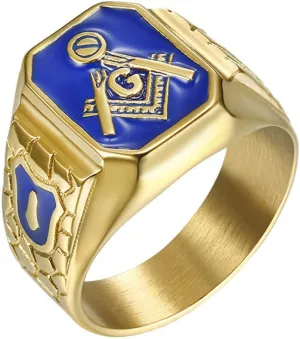 Men's Stainless Steel Gold Plated Freemason Symbol Masonic Rings Blue G Lodge Master Mason Signet Biker Band