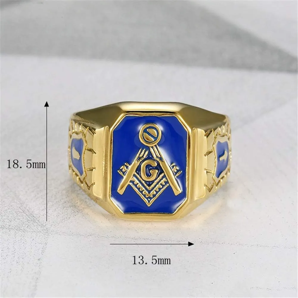Men's Stainless Steel Gold Plated Freemason Symbol Masonic Rings Blue G Lodge Master Mason Signet Biker Band