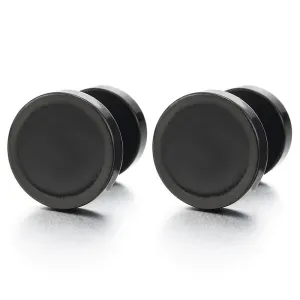 Mens Women Black Steel Circle Stud Earrings with Black Enamel, Steel Fake Ear Plugs Gauges Tunnel