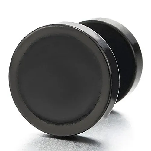 Mens Women Black Steel Circle Stud Earrings with Black Enamel, Steel Fake Ear Plugs Gauges Tunnel