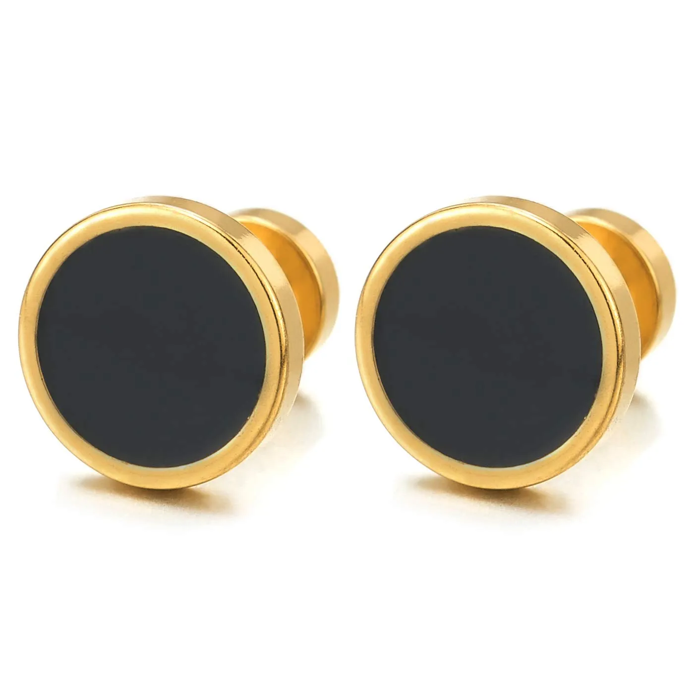 Mens Women Black Steel Circle Stud Earrings with Black Enamel, Steel Fake Ear Plugs Gauges Tunnel