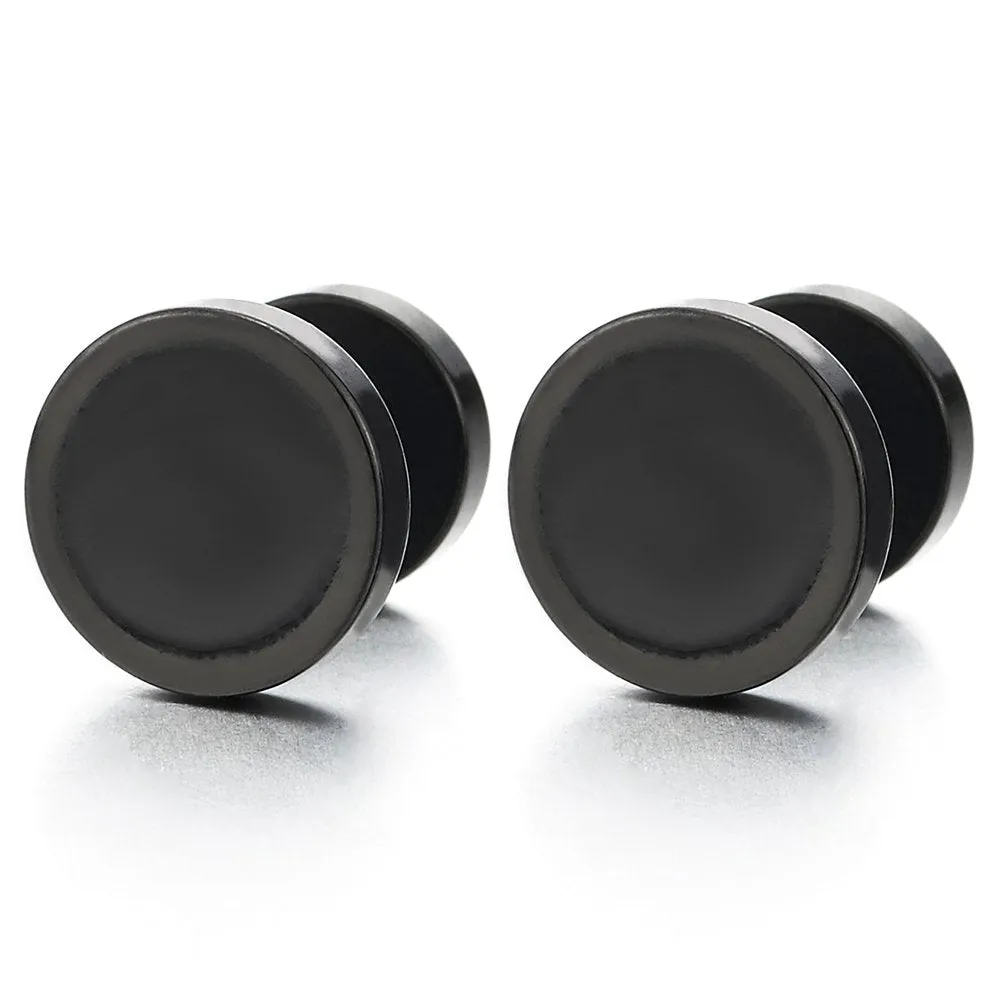 Mens Women Black Steel Circle Stud Earrings with Black Enamel, Steel Fake Ear Plugs Gauges Tunnel