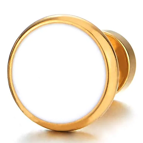 Mens Womens 10MM Gold Color Stud Earrings with White Enamel, Steel Cheater Fake Ear Plugs Gauges