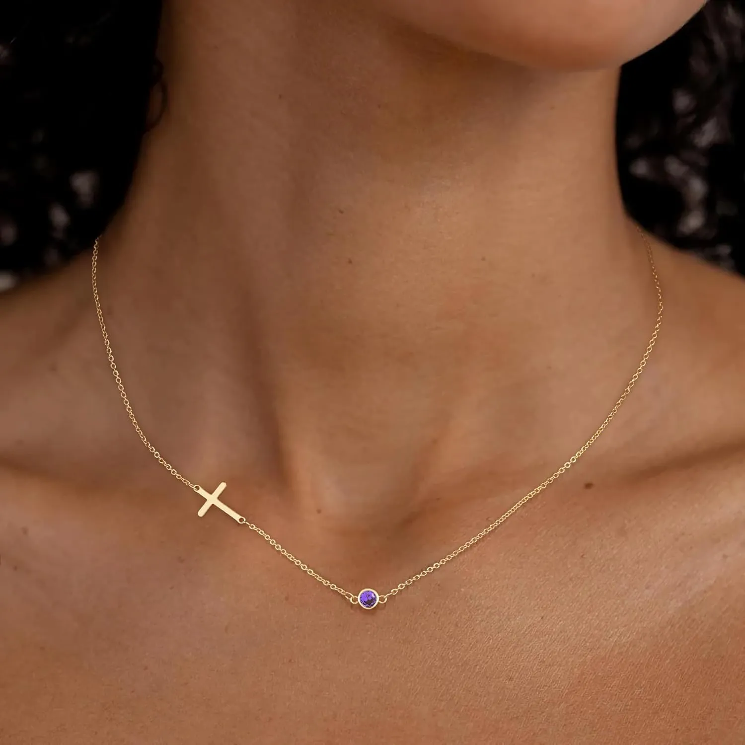 MIDEEO Cross Necklace for Women, Dainty 14k Gold Plated Cross Pendant Necklace Gold Cross Birthstone Necklace Tiny Sideway Cross Choker Necklace Trendy Christmas Gift for Women