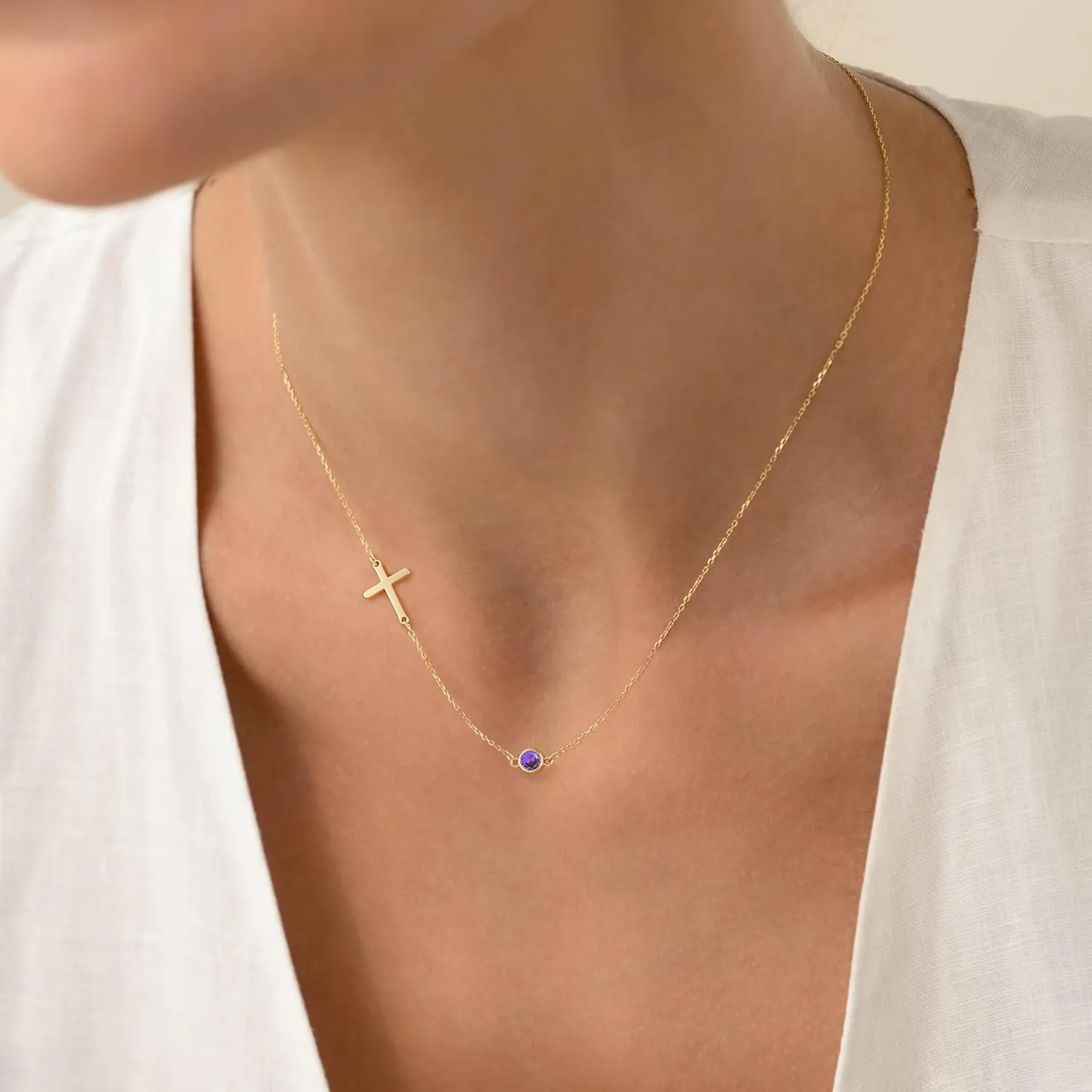 MIDEEO Cross Necklace for Women, Dainty 14k Gold Plated Cross Pendant Necklace Gold Cross Birthstone Necklace Tiny Sideway Cross Choker Necklace Trendy Christmas Gift for Women