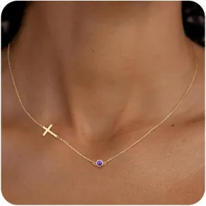 MIDEEO Cross Necklace for Women, Dainty 14k Gold Plated Cross Pendant Necklace Gold Cross Birthstone Necklace Tiny Sideway Cross Choker Necklace Trendy Christmas Gift for Women