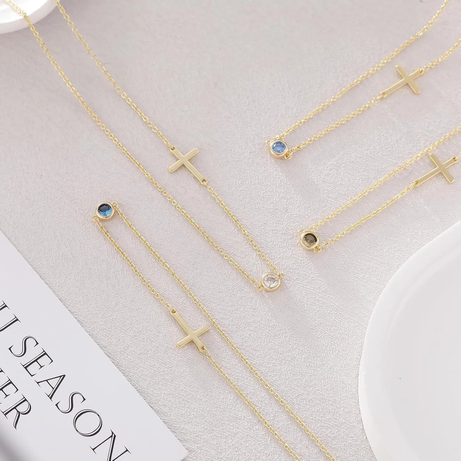 MIDEEO Cross Necklace for Women, Dainty 14k Gold Plated Cross Pendant Necklace Gold Cross Birthstone Necklace Tiny Sideway Cross Choker Necklace Trendy Christmas Gift for Women