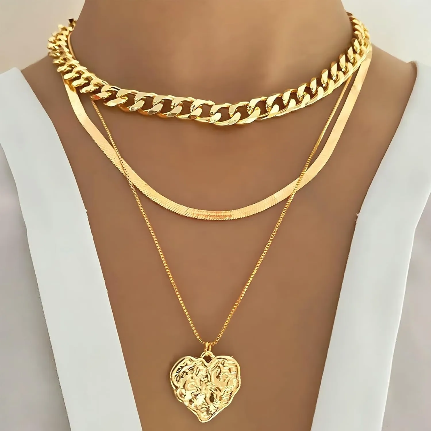 MIFYNN Gold Layered Necklaces for Women Stackable Cuban Link Herringbone Choker Necklace Layering Heart Key Pendant Necklace Trendy Gold Jewelry Set