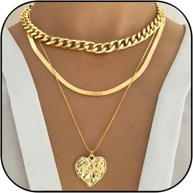 MIFYNN Gold Layered Necklaces for Women Stackable Cuban Link Herringbone Choker Necklace Layering Heart Key Pendant Necklace Trendy Gold Jewelry Set