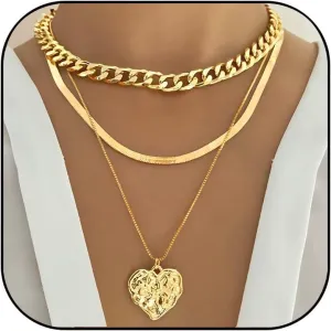 MIFYNN Gold Layered Necklaces for Women Stackable Cuban Link Herringbone Choker Necklace Layering Heart Key Pendant Necklace Trendy Gold Jewelry Set