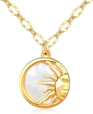 MISS RIGHT Sun and Moon Mother of Pearl Coin Matching Necklace for Couples Best Friend, Dainty Gold Paperclip Chain Disc Necklaces for Women Trendy, Celestial Tarot Jewelry Gifts