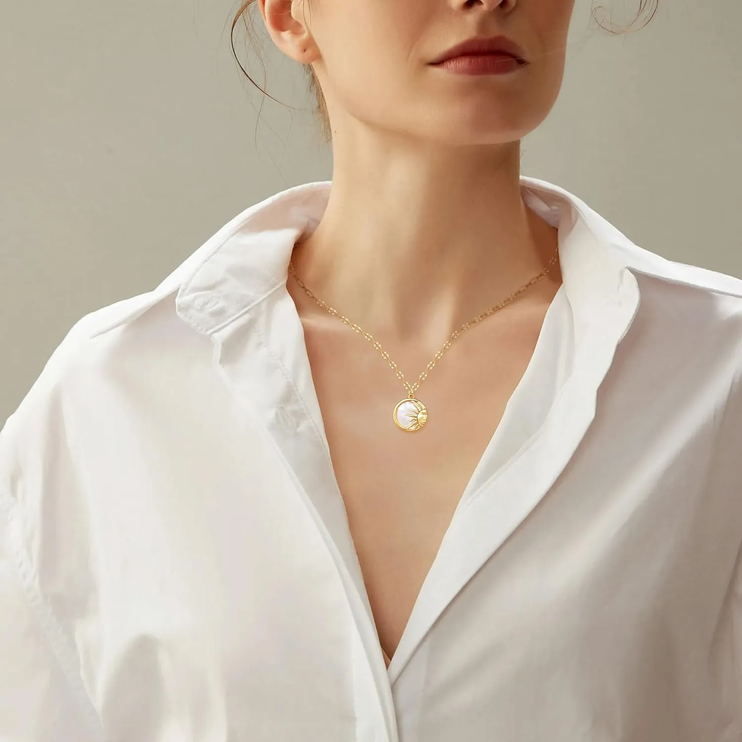 MISS RIGHT Sun and Moon Mother of Pearl Coin Matching Necklace for Couples Best Friend, Dainty Gold Paperclip Chain Disc Necklaces for Women Trendy, Celestial Tarot Jewelry Gifts