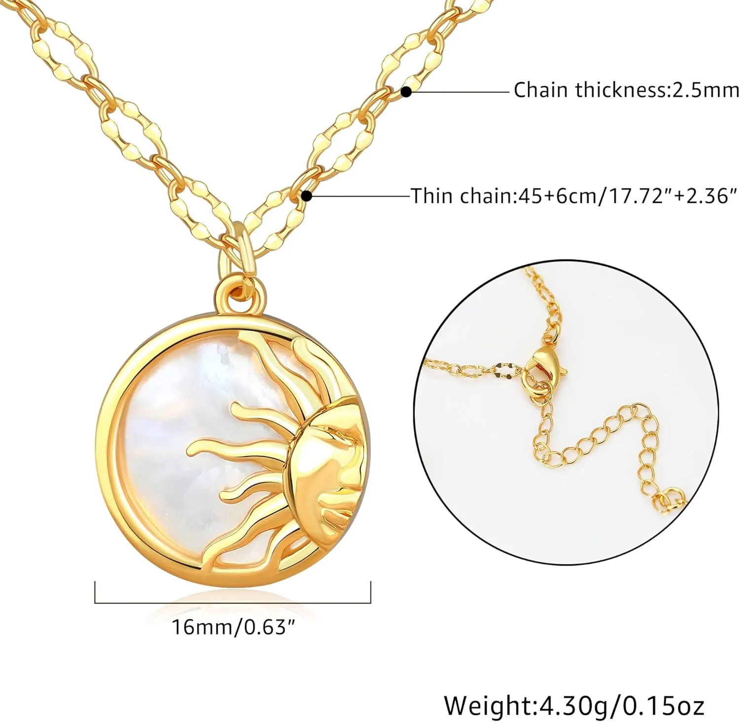 MISS RIGHT Sun and Moon Mother of Pearl Coin Matching Necklace for Couples Best Friend, Dainty Gold Paperclip Chain Disc Necklaces for Women Trendy, Celestial Tarot Jewelry Gifts