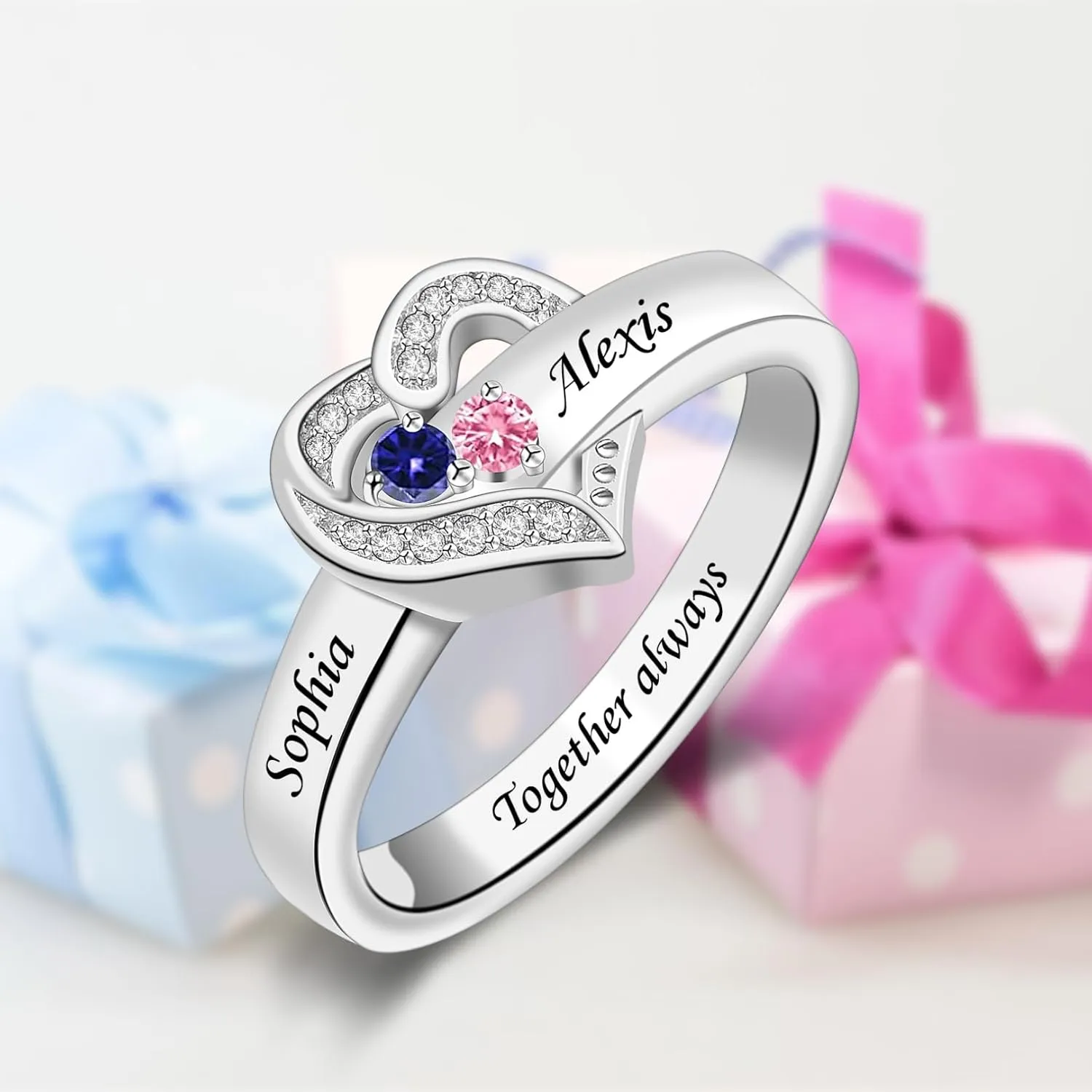 MissNaNa Her Gift Personalized Mother Rings with 1-8 Birthstones Heart Family Ring Custom Engraved Name Ring for Mom Women Grandma Wife