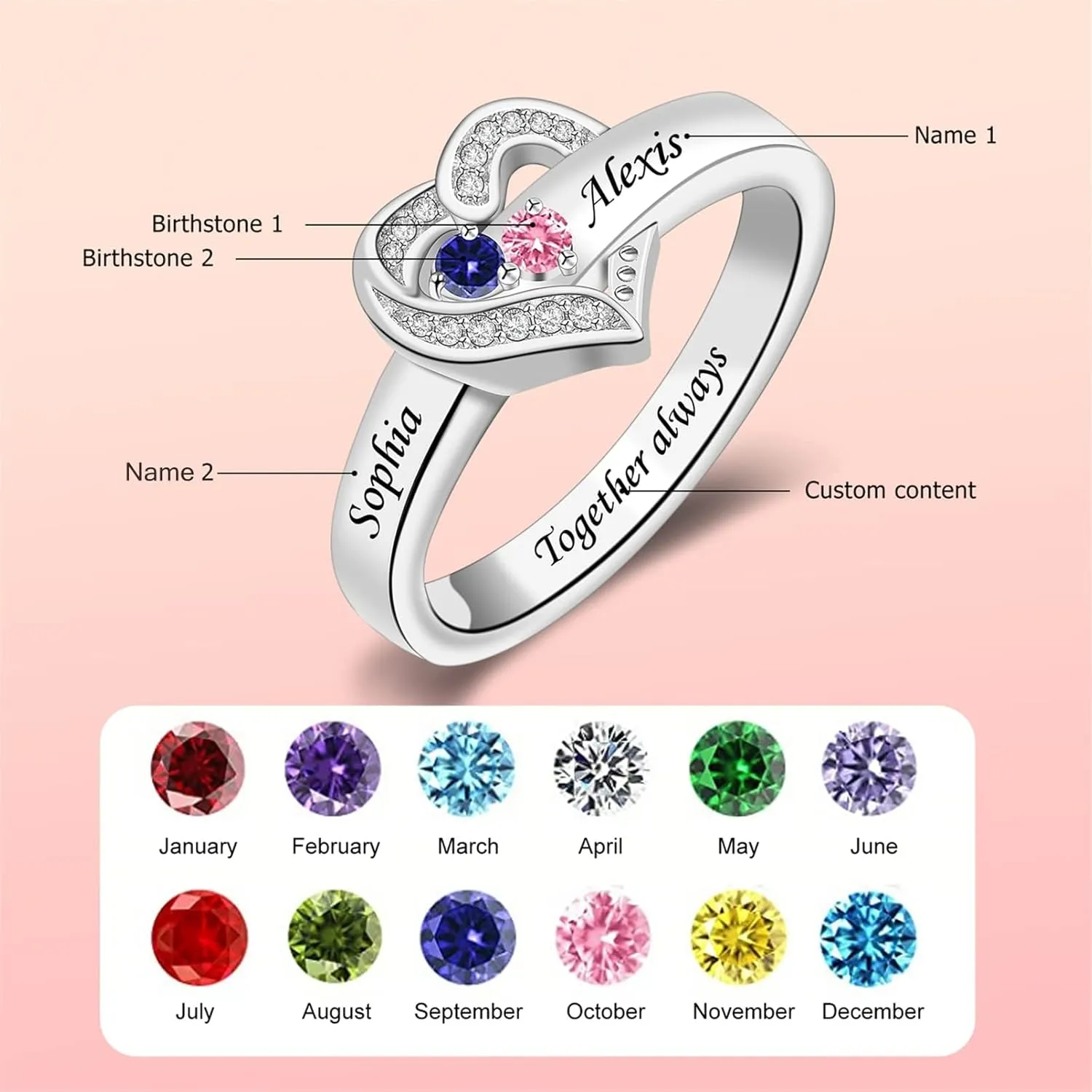 MissNaNa Her Gift Personalized Mother Rings with 1-8 Birthstones Heart Family Ring Custom Engraved Name Ring for Mom Women Grandma Wife