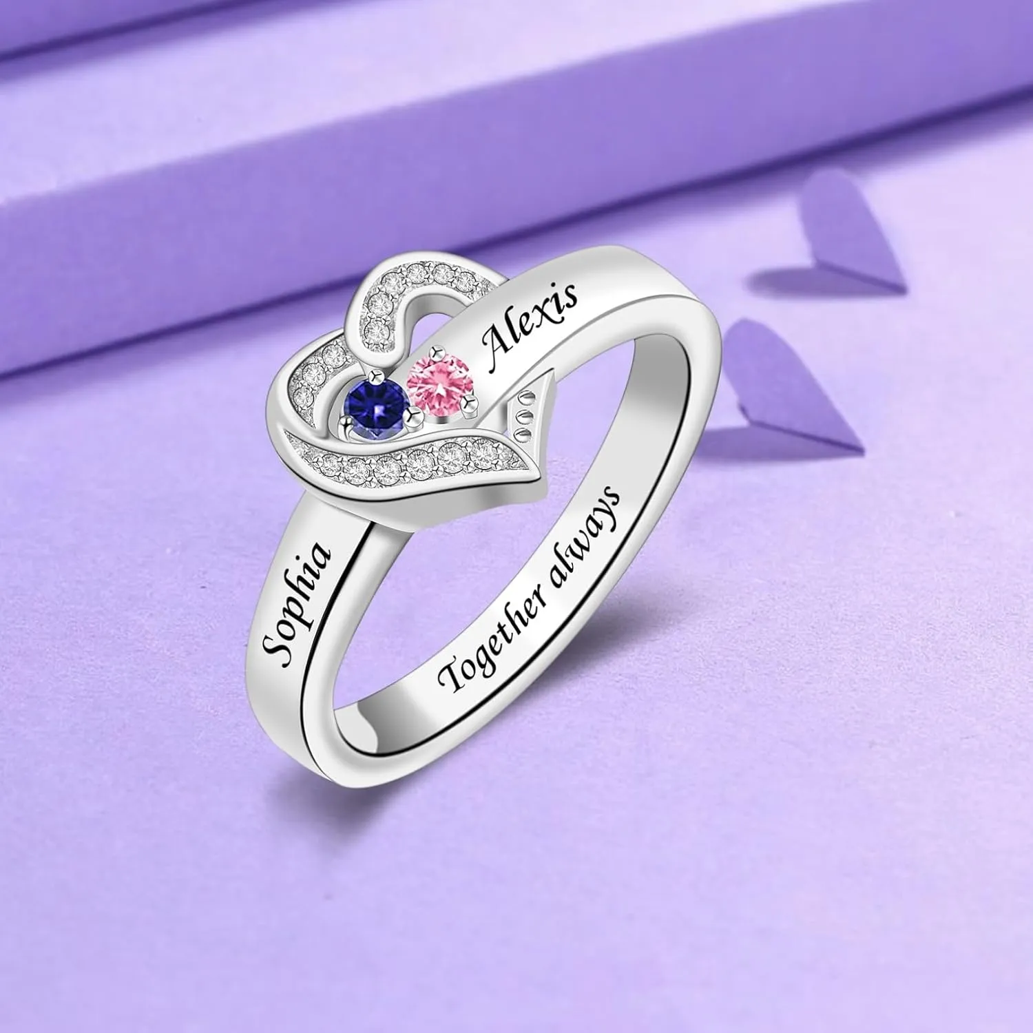 MissNaNa Her Gift Personalized Mother Rings with 1-8 Birthstones Heart Family Ring Custom Engraved Name Ring for Mom Women Grandma Wife