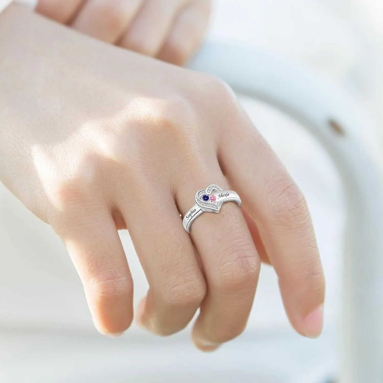 MissNaNa Her Gift Personalized Mother Rings with 1-8 Birthstones Heart Family Ring Custom Engraved Name Ring for Mom Women Grandma Wife