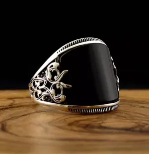 Mnyixsi Fashion 925 Sterling Silver Black Onyx Ring for Men, Retro Turkish Style Vintage Cocktail Statement Ring, Luxurious Trendy Gemstone Ring, Handmade Delicate Statement Jewelry Size 9