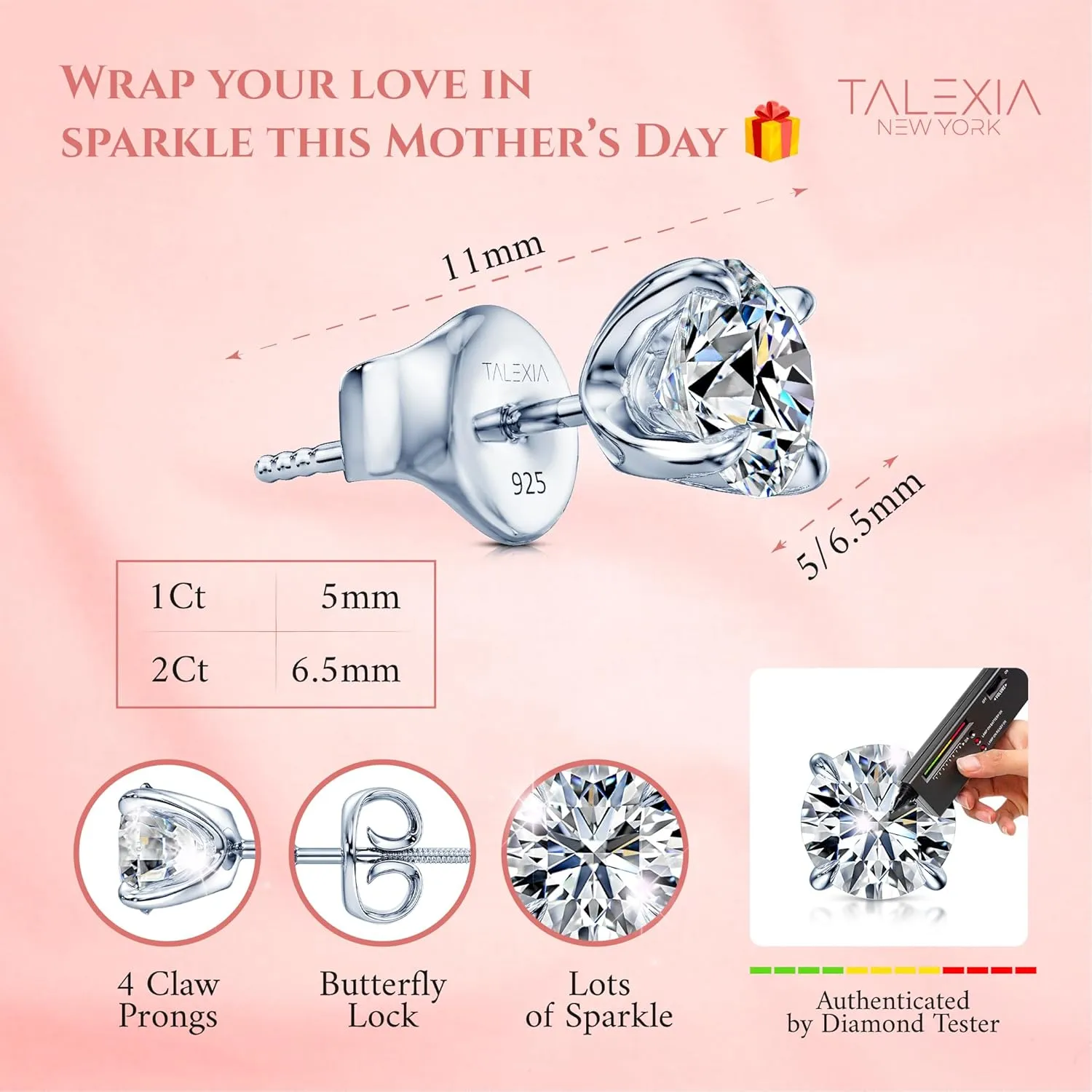 Moissanite Earrings Studs for Women & Men, Hypoallergenic, Max Brilliance 18K White Gold Rhodium Plated, VVS1 925 Silver Moissanite Diamond Earrings Push & Screw Back 1ct,2ct Mothers Day Gift