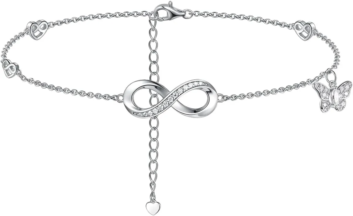 Moissanite Infinity Bracelet/Anklet for Women, Real Authentic 925 Sterling Silver Hypoallergenic, Beautiful Summer Jewelry, Bracelet: 5.8-7.8inch(15-19cm), Anklet: 8.6-10.6inch(21-26cm), Adjustable