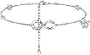 Moissanite Infinity Bracelet/Anklet for Women, Real Authentic 925 Sterling Silver Hypoallergenic, Beautiful Summer Jewelry, Bracelet: 5.8-7.8inch(15-19cm), Anklet: 8.6-10.6inch(21-26cm), Adjustable