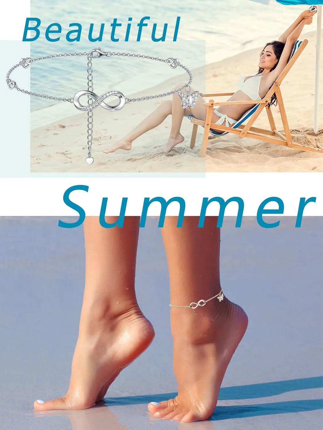 Moissanite Infinity Bracelet/Anklet for Women, Real Authentic 925 Sterling Silver Hypoallergenic, Beautiful Summer Jewelry, Bracelet: 5.8-7.8inch(15-19cm), Anklet: 8.6-10.6inch(21-26cm), Adjustable