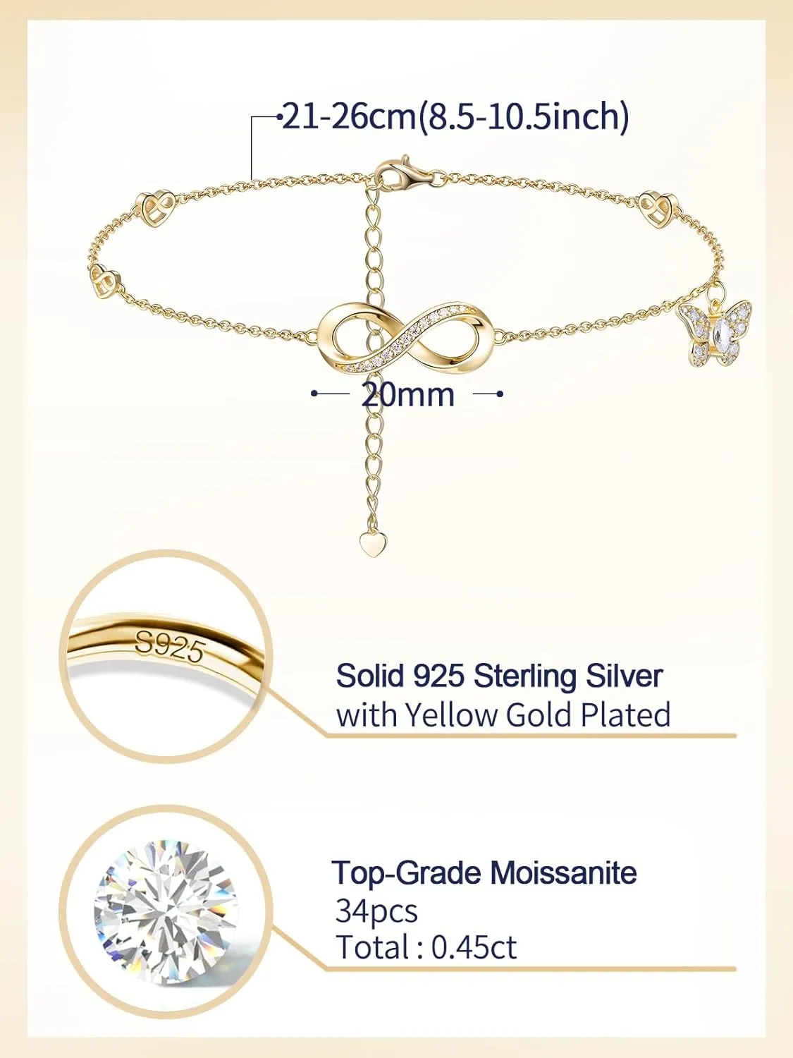 Moissanite Infinity Bracelet/Anklet for Women, Real Authentic 925 Sterling Silver Hypoallergenic, Beautiful Summer Jewelry, Bracelet: 5.8-7.8inch(15-19cm), Anklet: 8.6-10.6inch(21-26cm), Adjustable