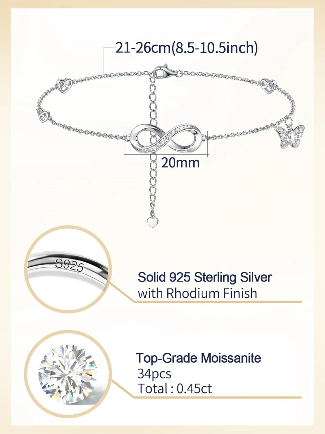 Moissanite Infinity Bracelet/Anklet for Women, Real Authentic 925 Sterling Silver Hypoallergenic, Beautiful Summer Jewelry, Bracelet: 5.8-7.8inch(15-19cm), Anklet: 8.6-10.6inch(21-26cm), Adjustable