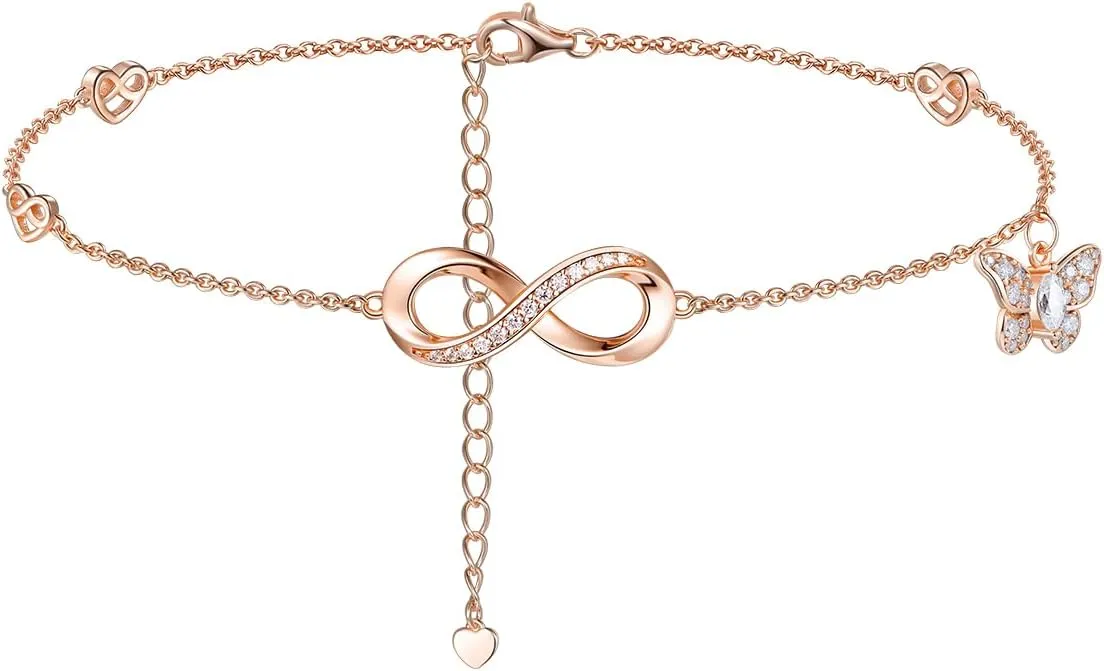 Moissanite Infinity Bracelet/Anklet for Women, Real Authentic 925 Sterling Silver Hypoallergenic, Beautiful Summer Jewelry, Bracelet: 5.8-7.8inch(15-19cm), Anklet: 8.6-10.6inch(21-26cm), Adjustable