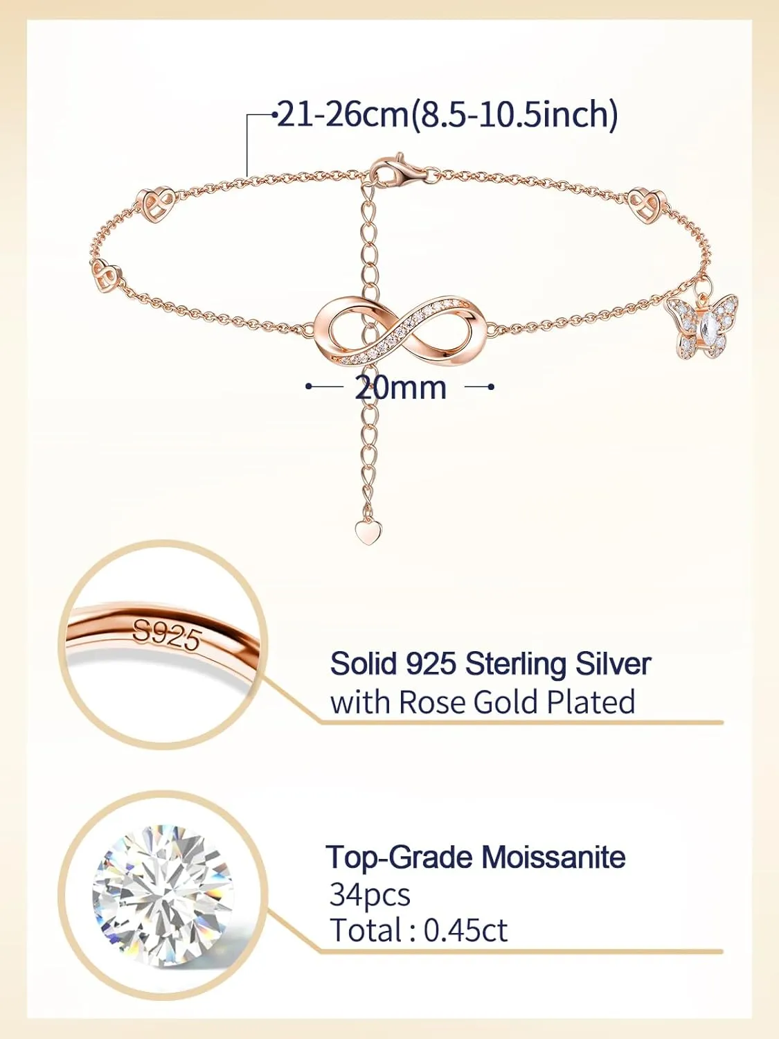 Moissanite Infinity Bracelet/Anklet for Women, Real Authentic 925 Sterling Silver Hypoallergenic, Beautiful Summer Jewelry, Bracelet: 5.8-7.8inch(15-19cm), Anklet: 8.6-10.6inch(21-26cm), Adjustable