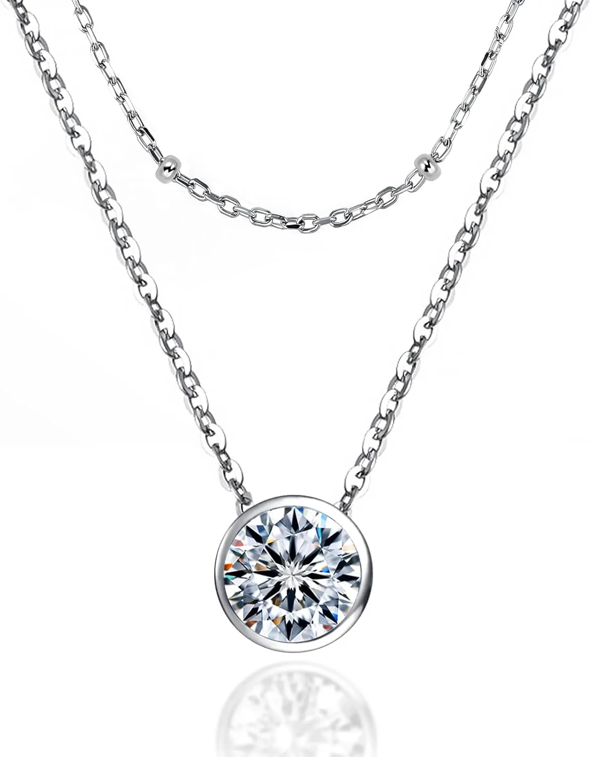 Moissanite Layered Pendant Necklace: Sterling Silver Round Cut Layering Chain Sparkling D Color VVS1 Solitaire Multilayer Precious Stylish Jewelry Gift for Women