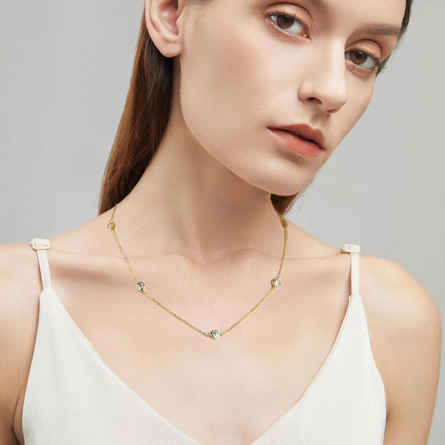Moissanite Necklace for Women Sterling Silver, Station Tennis Choker Layering Bezel Set Chain, 2.5MM to 4MM Dainty Simple Adjustable 16 Inch to 18 Inch