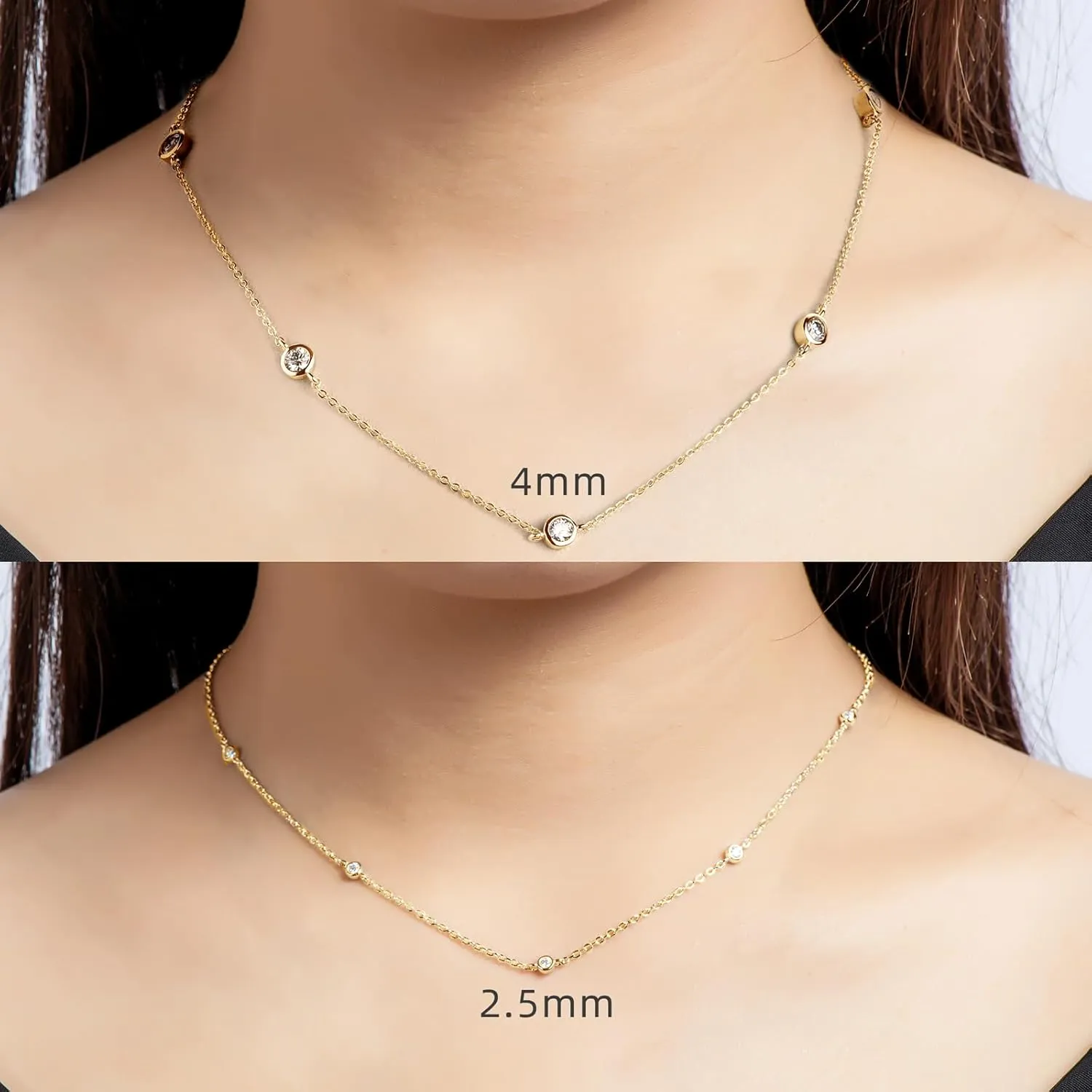 Moissanite Necklace for Women Sterling Silver, Station Tennis Choker Layering Bezel Set Chain, 2.5MM to 4MM Dainty Simple Adjustable 16 Inch to 18 Inch