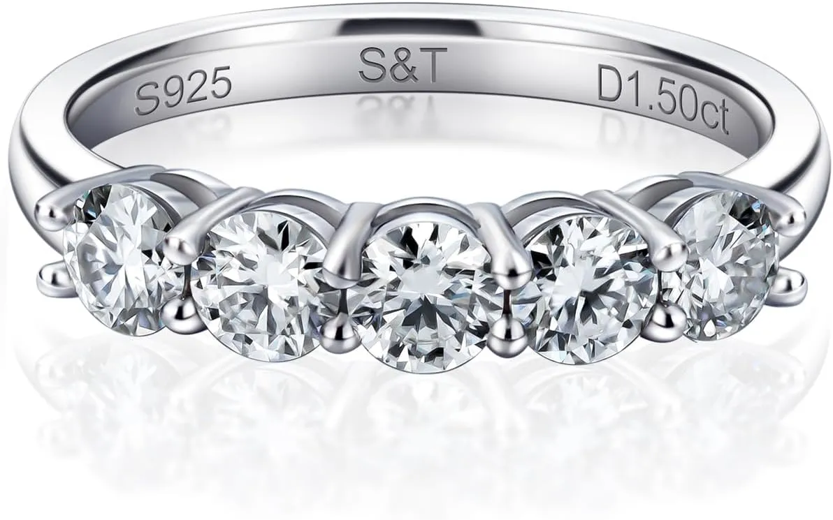 Moissanite Rings For Women, 5 Stone Half Eternity Ring Stacking Ring, 1.5 CTTW 925 Sterling Silver 18K White Gold Plating Wedding Band Perfect For Women (7)