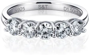Moissanite Rings For Women, 5 Stone Half Eternity Ring Stacking Ring, 1.5 CTTW 925 Sterling Silver 18K White Gold Plating Wedding Band Perfect For Women (7)