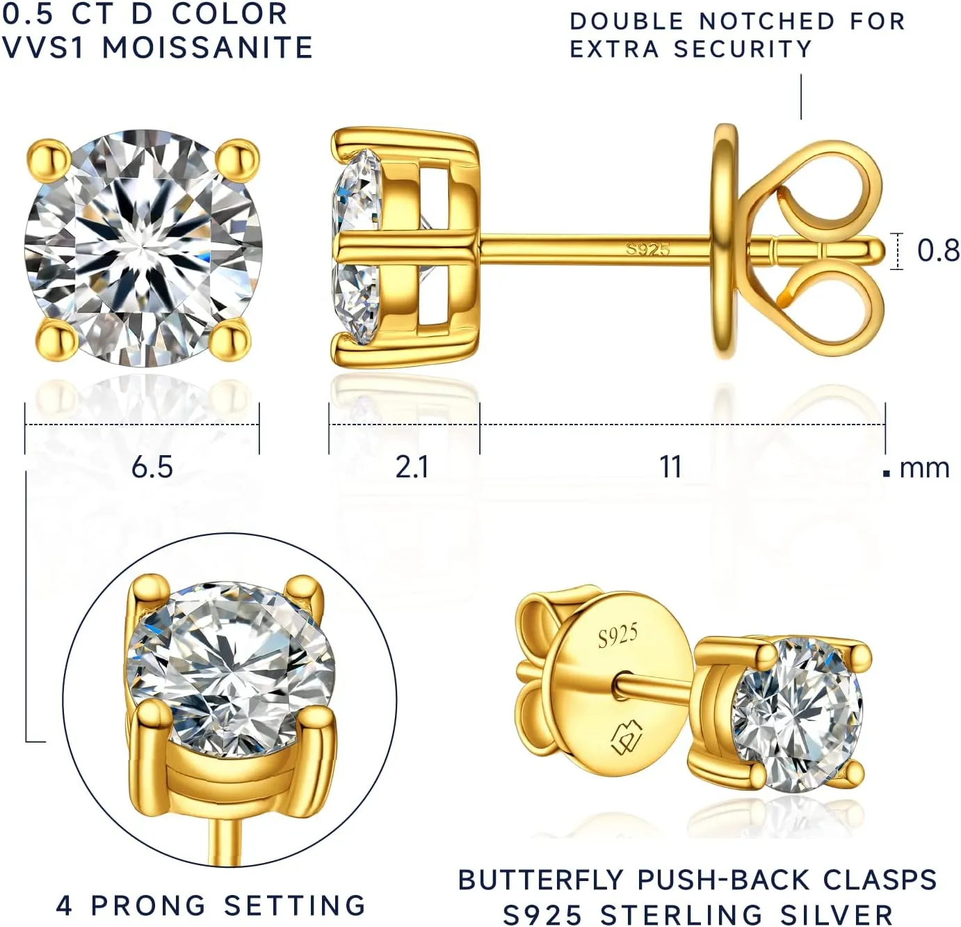 MomentWish 14K Gold Plated Stud Earrings, Birthday Gifts for Women, 1-2Carat Moissanite Earrings, Lab Created Diamond Earrings, Yellow/Rose Gold Plated 925 Sterling Silver Earrings Women Men