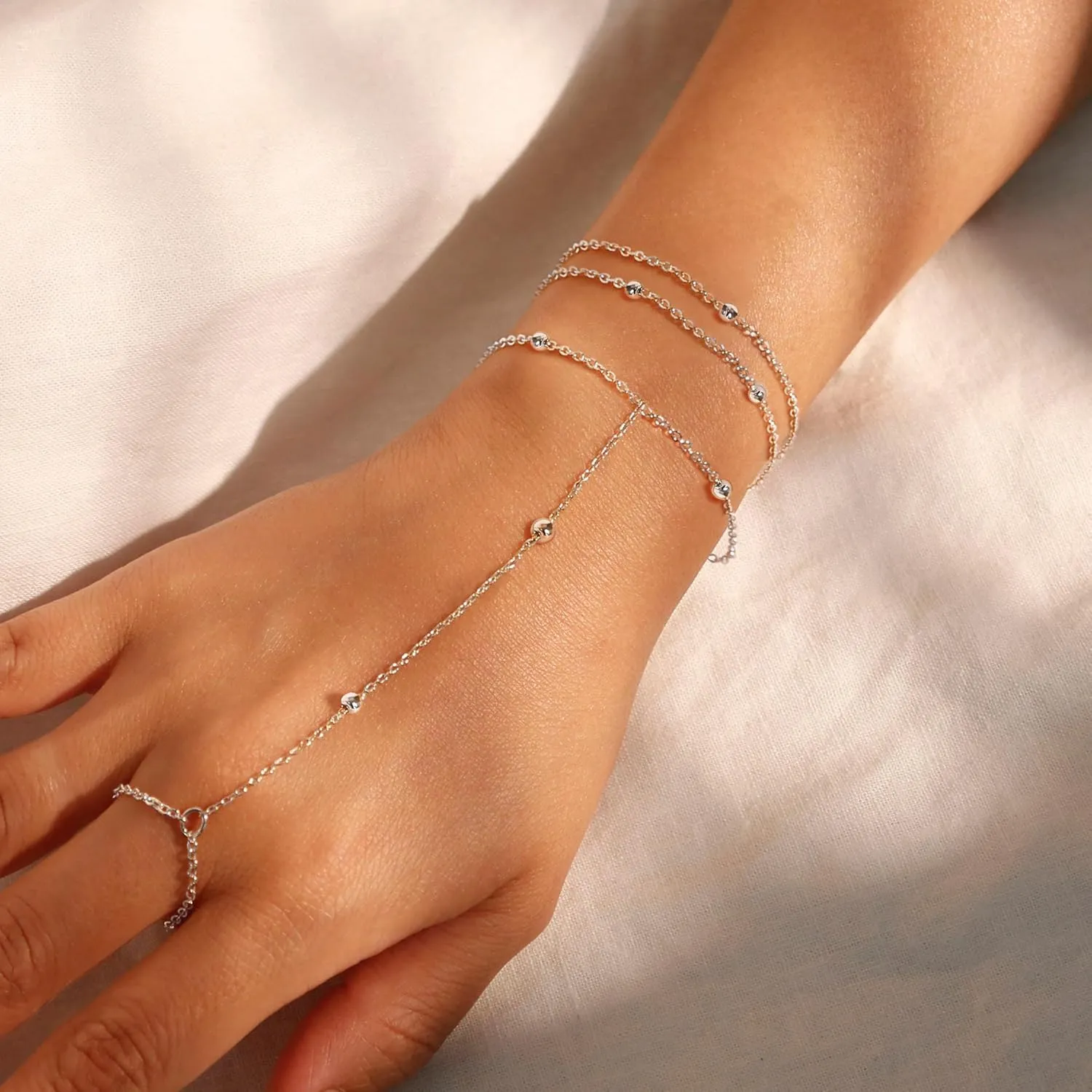 Moodear Dainty Gold Ring Hand Chain Bracelet - Trendy 14K Gold Plated Bead Satellite Cross CZ Hand Link Chain Bracelets for Women Simple Jewelry Gift
