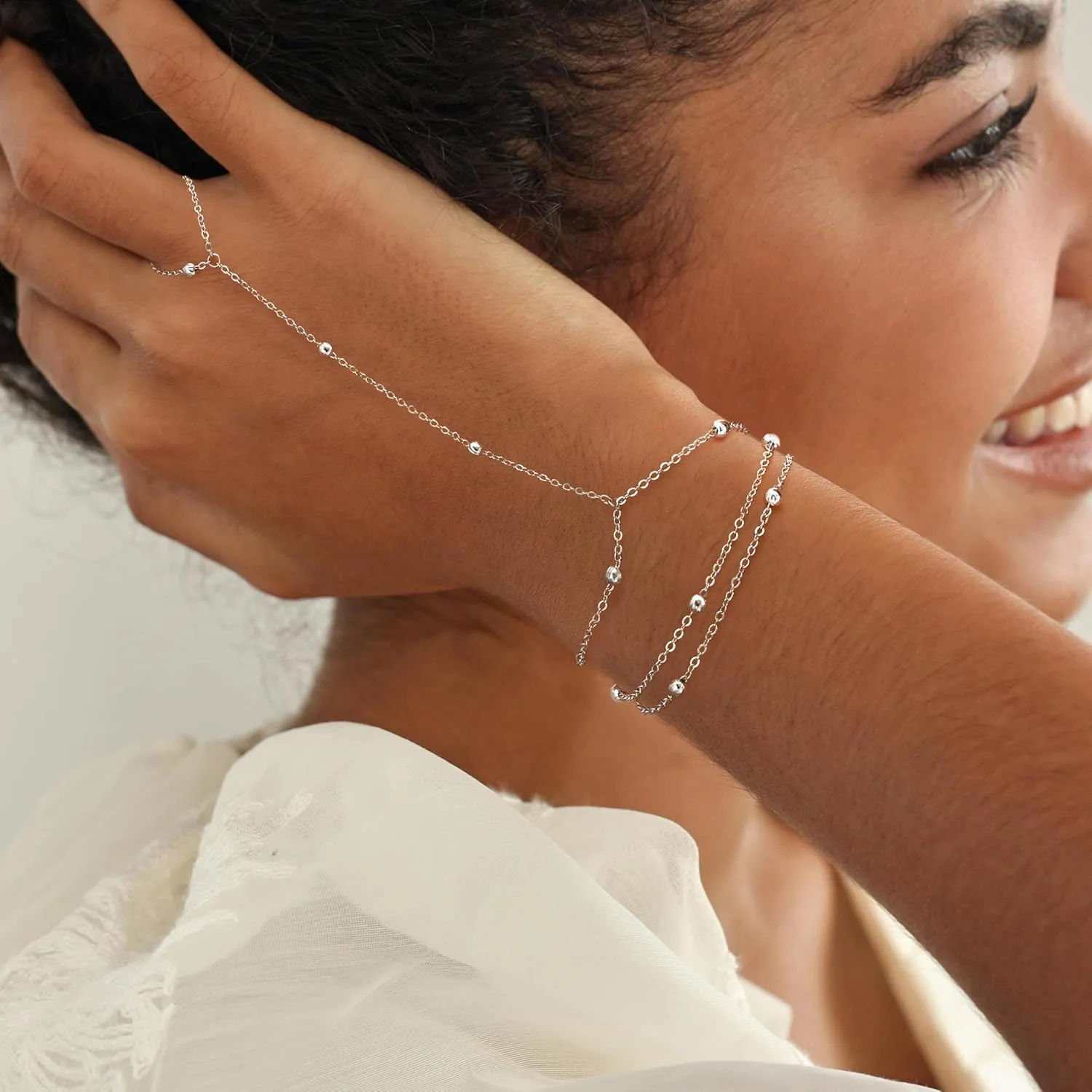 Moodear Dainty Gold Ring Hand Chain Bracelet - Trendy 14K Gold Plated Bead Satellite Cross CZ Hand Link Chain Bracelets for Women Simple Jewelry Gift