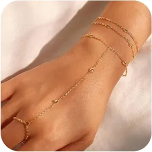 Moodear Dainty Gold Ring Hand Chain Bracelet - Trendy 14K Gold Plated Bead Satellite Cross CZ Hand Link Chain Bracelets for Women Simple Jewelry Gift