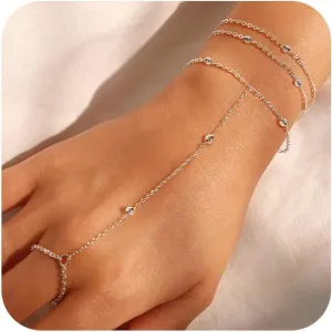 Moodear Dainty Gold Ring Hand Chain Bracelet - Trendy 14K Gold Plated Bead Satellite Cross CZ Hand Link Chain Bracelets for Women Simple Jewelry Gift