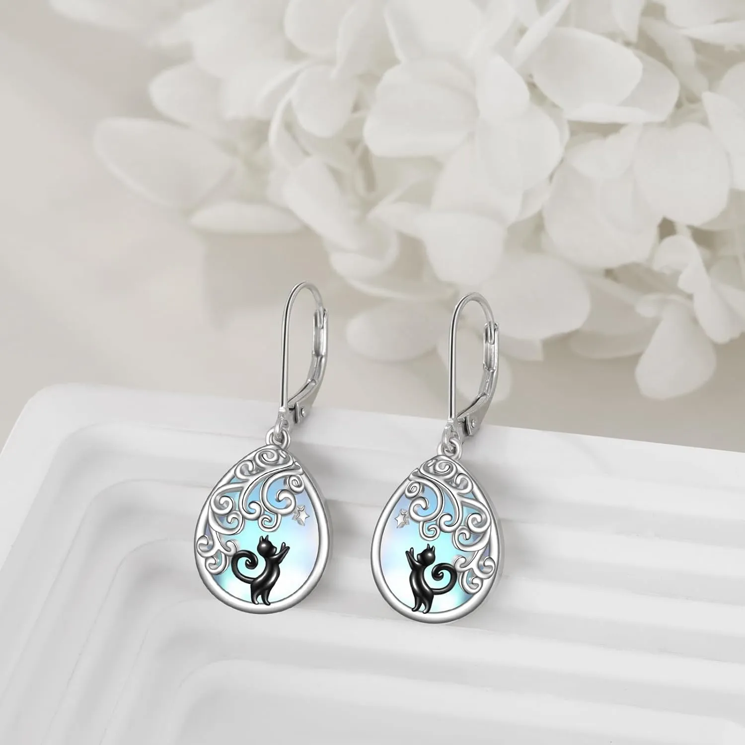 Moonstone Earrings S925 Sterling Silver Butterfly/Cat/Phoenix Moonstone Leverback Drop Earrings Jewelry for Women Girls
