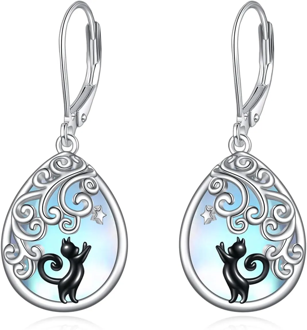 Moonstone Earrings S925 Sterling Silver Butterfly/Cat/Phoenix Moonstone Leverback Drop Earrings Jewelry for Women Girls