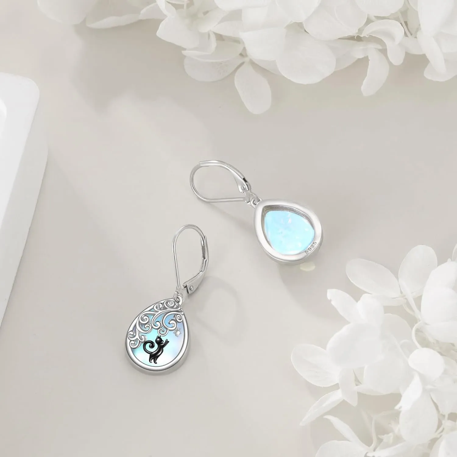 Moonstone Earrings S925 Sterling Silver Butterfly/Cat/Phoenix Moonstone Leverback Drop Earrings Jewelry for Women Girls