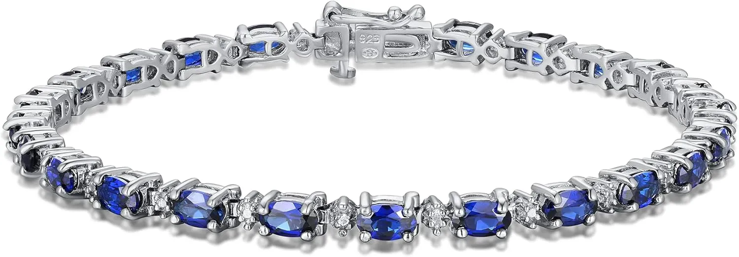 MORGAN & PAIGE .925 Sterling Silver Rhodium Plated Birthstone Tennis Bracelets for Women - Alternating Diamond and Oval Gemstone Bracelet, Secure Locking Clasp Birthday Gift Jewelry for Women 7.25"