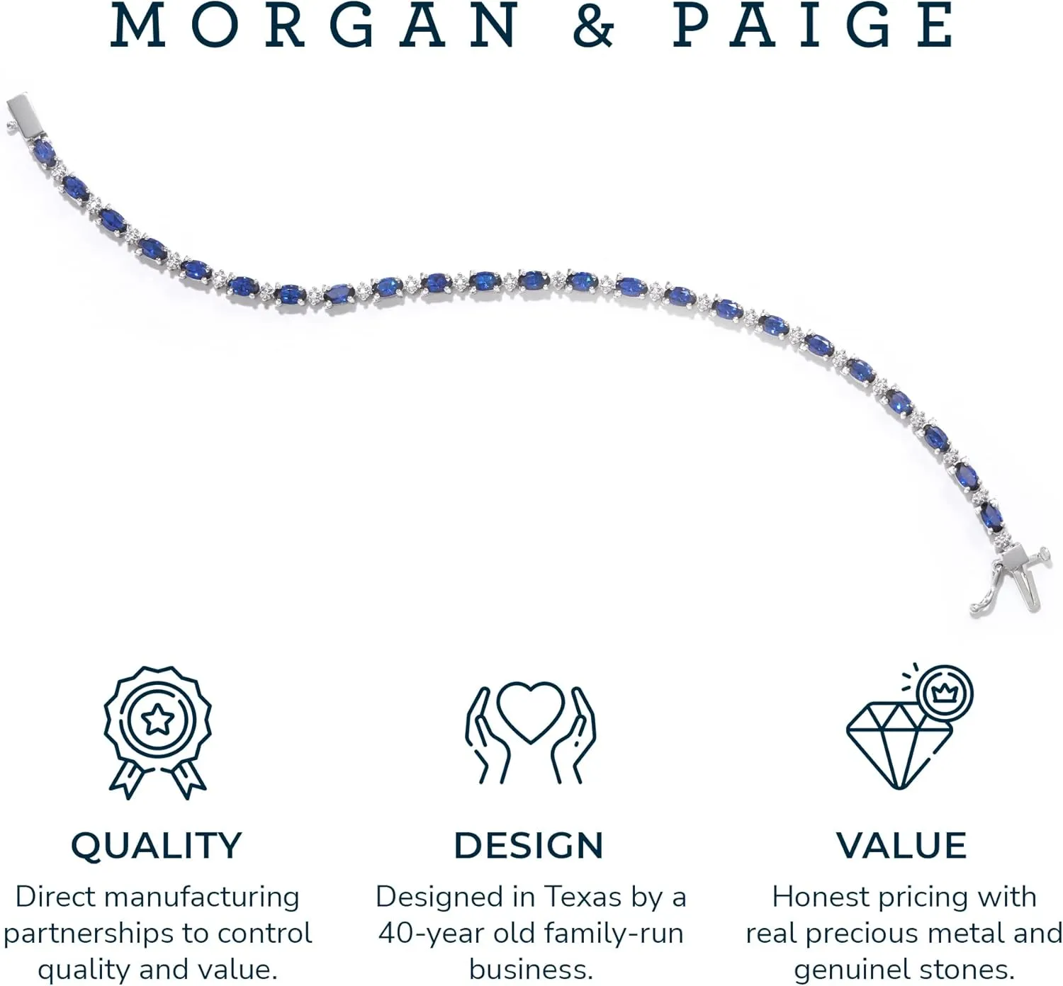 MORGAN & PAIGE .925 Sterling Silver Rhodium Plated Birthstone Tennis Bracelets for Women - Alternating Diamond and Oval Gemstone Bracelet, Secure Locking Clasp Birthday Gift Jewelry for Women 7.25"