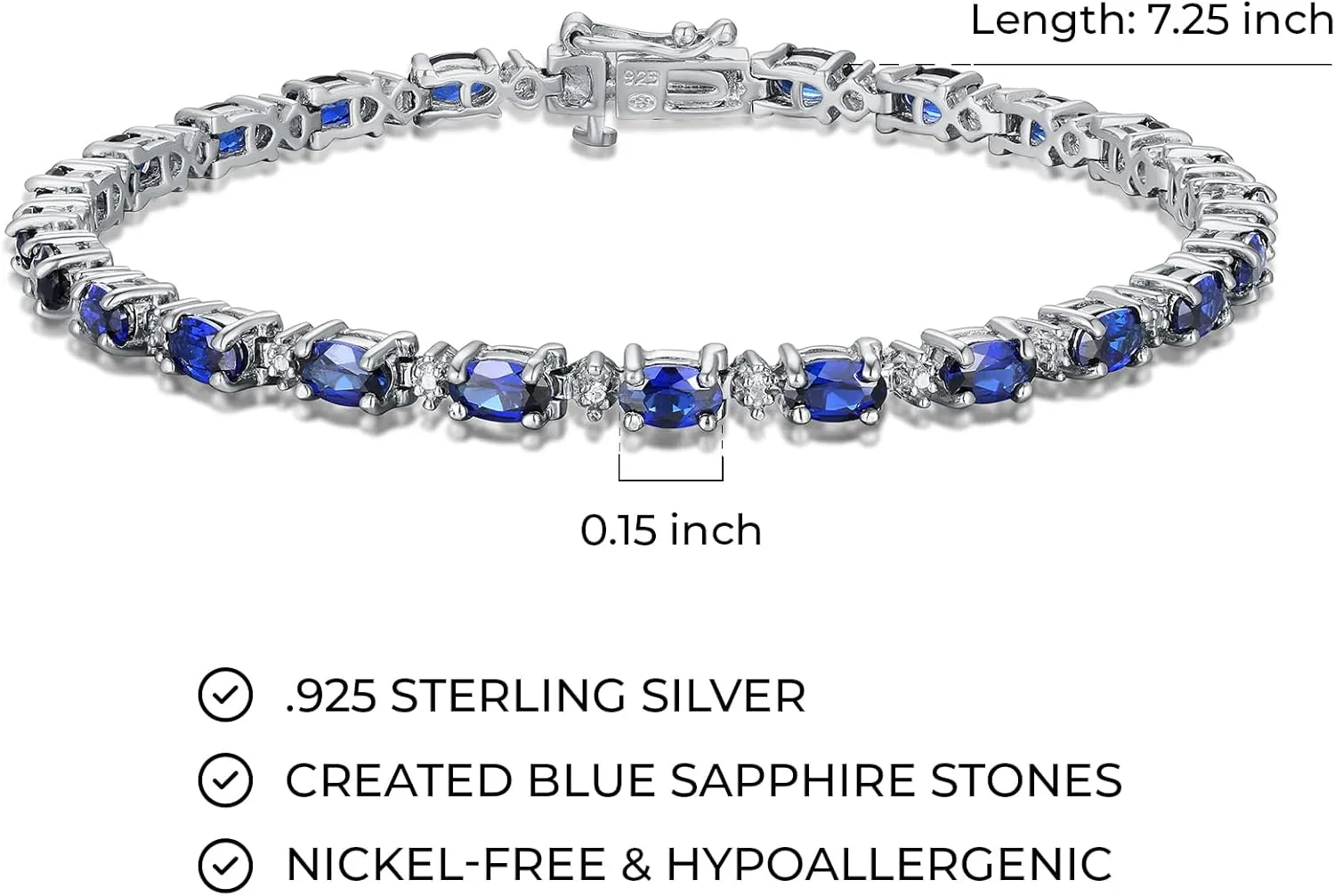 MORGAN & PAIGE .925 Sterling Silver Rhodium Plated Birthstone Tennis Bracelets for Women - Alternating Diamond and Oval Gemstone Bracelet, Secure Locking Clasp Birthday Gift Jewelry for Women 7.25"