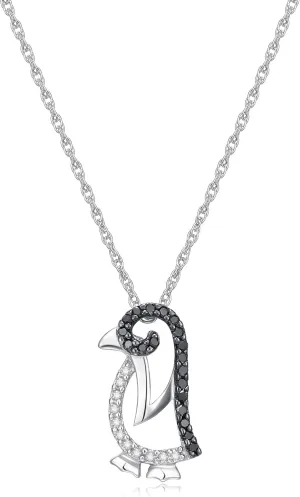 MORGAN & PAIGE .925 Sterling Silver Rhodium Plated Black and White Diamond Turtle, Whale, Penguin or Spider Pendant Necklace, Nature Animal-Inspired Designs Sterling Silver Necklaces for Women 18 in